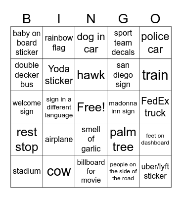 Disney Road Trip 2 Bingo Card