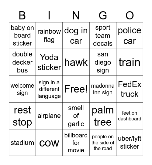 Disney Road Trip 2 Bingo Card