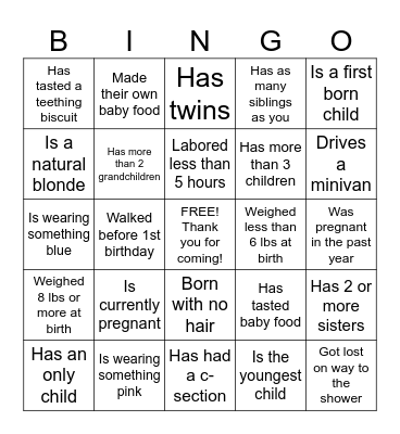 Baby Shower Ice Breaker Bingo Card