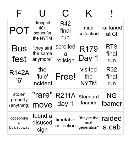 NYCT Foamer Bingo Card