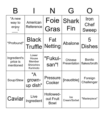 Iron Chef Bingo Card