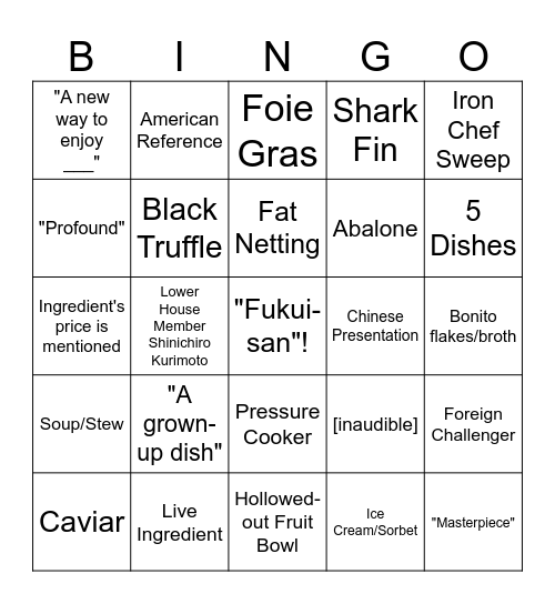 Iron Chef Bingo Card