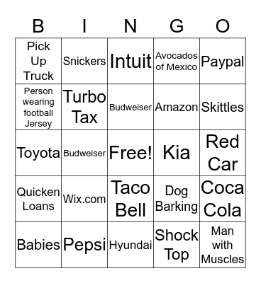 Super Bowl Bingo  Bingo Card