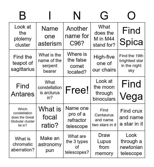 Astro Bingo Card