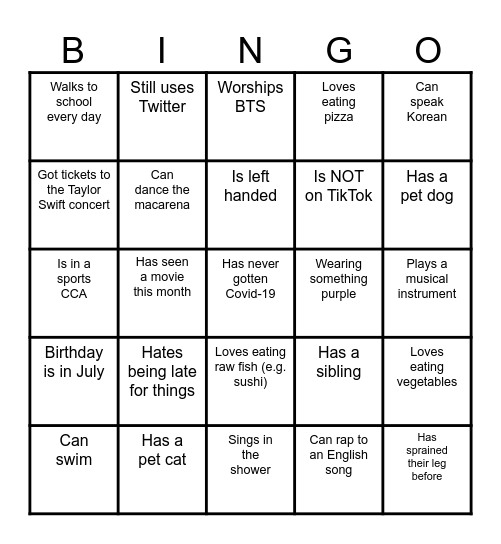 Class Monitor's Bingo Card