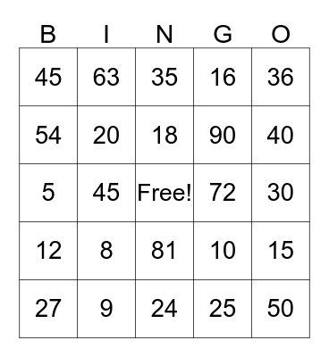 4's, 5's & 9's Multiplication Facts Bingo Card