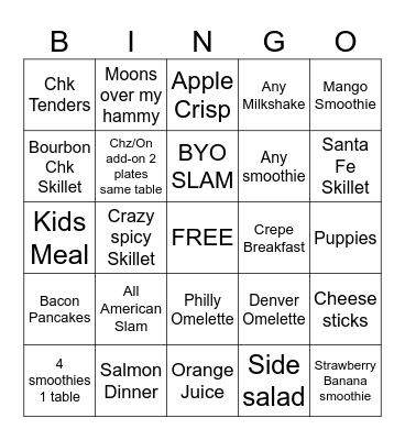 DENNYS BINGO Card