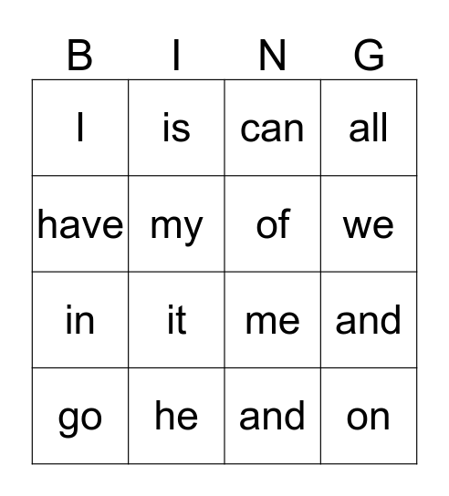 Sight Word Bingo Card