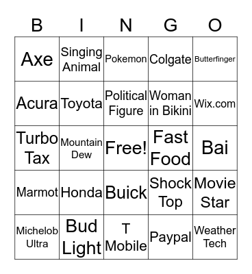 Super Bowl Bingo  Bingo Card