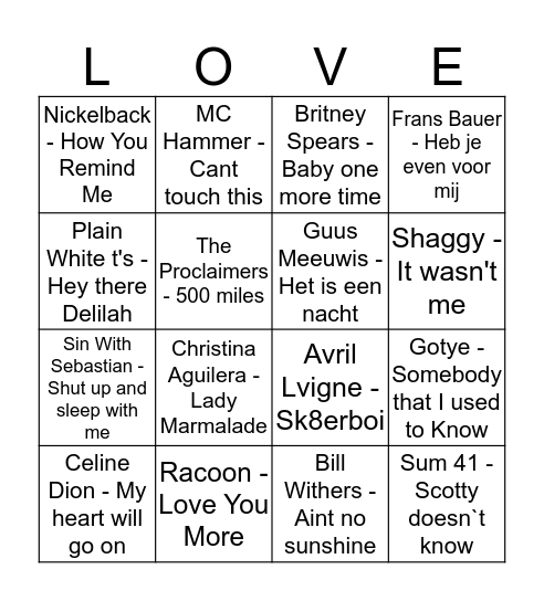 Rock 'n Roll Valentijns Bingo Card