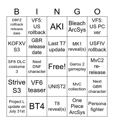 Evo reveals/announcements Bingo Card