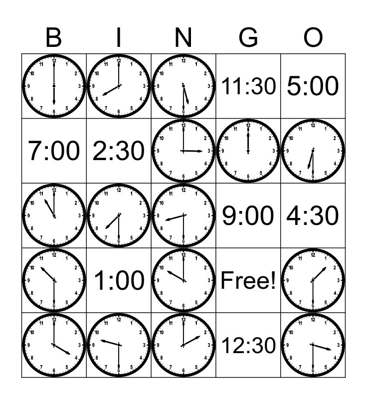 Telling Time Bingo Card