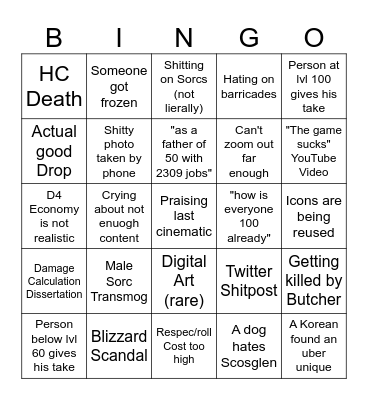 D4 Subreddit Bingo Card