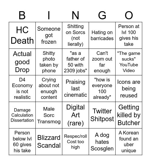 D4 Subreddit Bingo Card