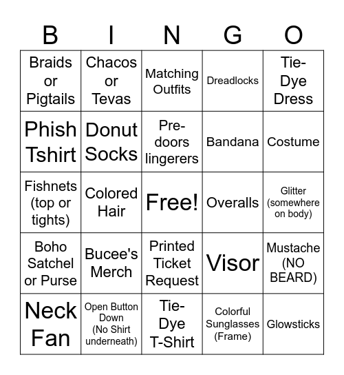 Phish LAST Night Bingo Card