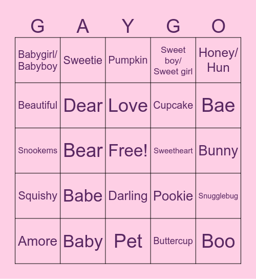 Pet Name Bingo Card