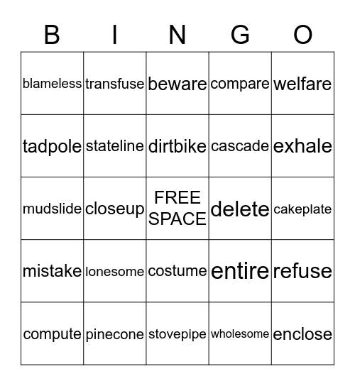 Long vowel silent e Bingo Card
