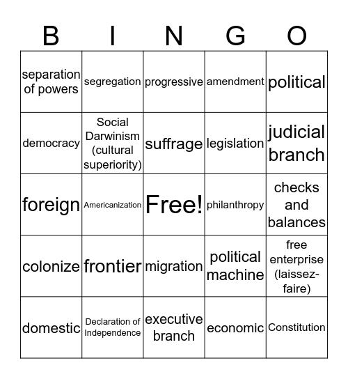 Government, Expansion, and Industrialization Bingo Card