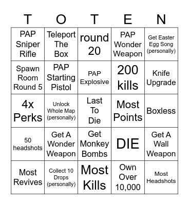 Zombies Bingo Card