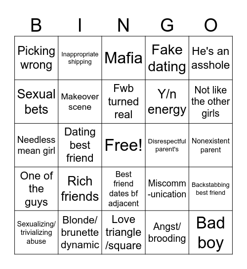 Wattpad tropes Bingo Card