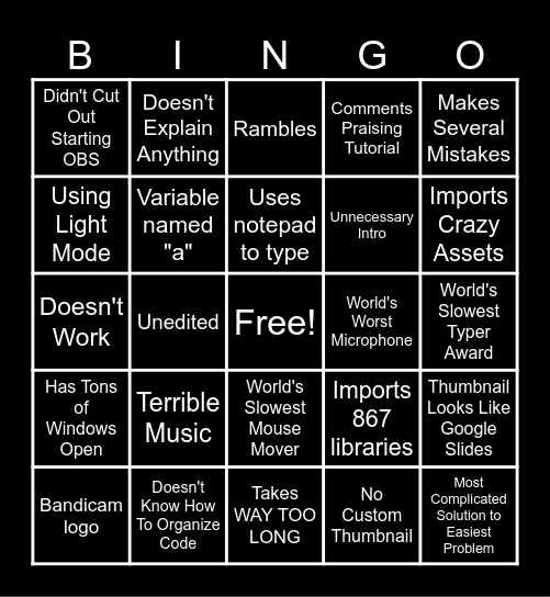 Coding Tutorial Bingo Card