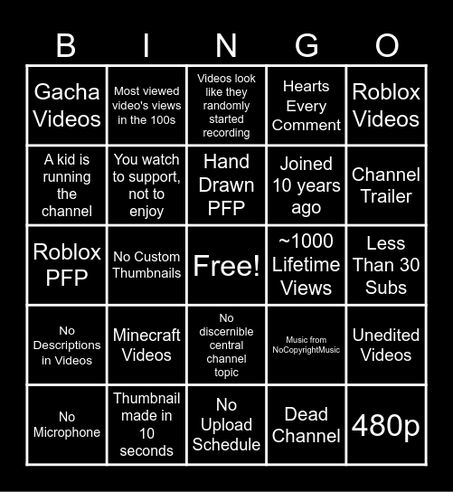 Generic Youtube Channel Bingo FNRIP Bingo Card