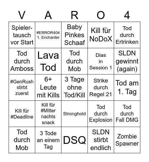 Varo 4 Bingo Card