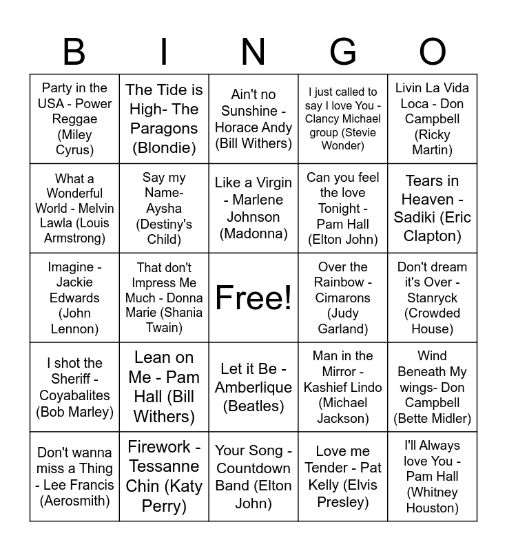 AA40 REGGAE Covers 2 (nv) Bingo Card