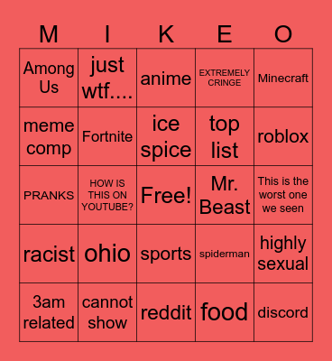 YouTube Cringe Bingo Card