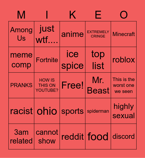 YouTube Cringe Bingo Card