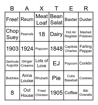 BAXTER FAMILY BINGO Card