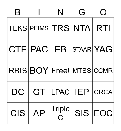 Bastrop ISD NTA Bingo Card