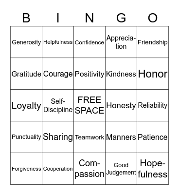 Character Traits Bingo Card