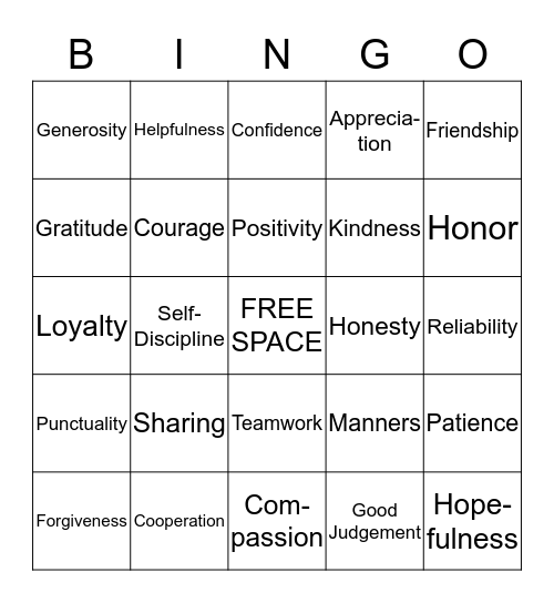 Character Traits Bingo Card