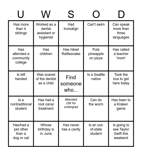 WELCOME UWSOD CLASS OF 2027!!! Bingo Card