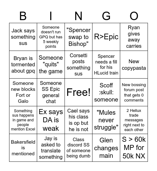 Weekly Epic Bingo Card