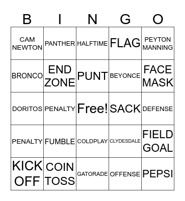 Super Bowl Bingo Card