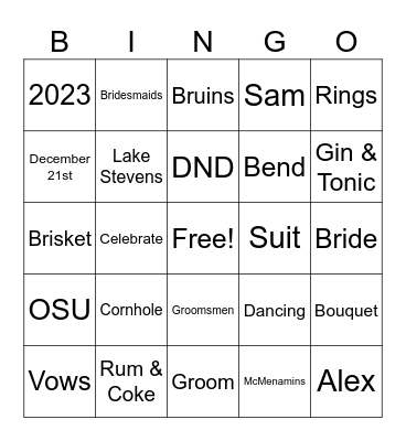 Sam's Bridal Shower Bingo Card