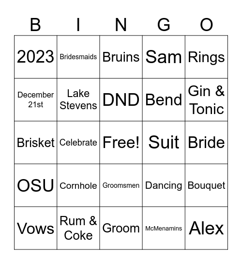 Sam's Bridal Shower Bingo Card