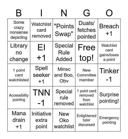 Highlander points bingo Card