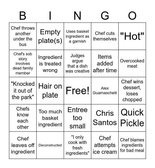 Chopped Bingo Card