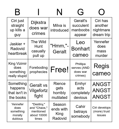 Witcher Season 3 Part 2 Bingo Card