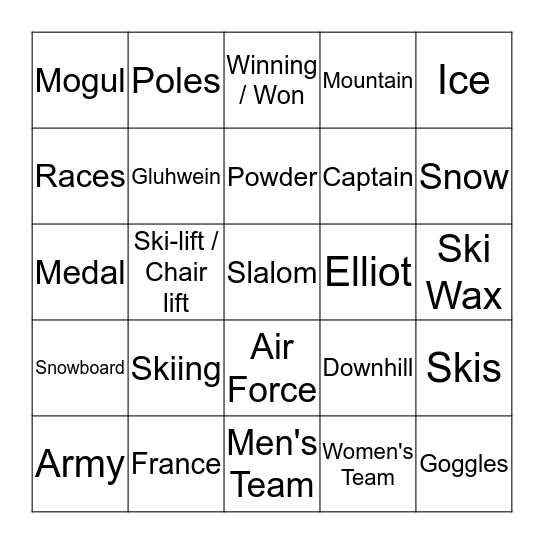 Ski Bingo! Bingo Card