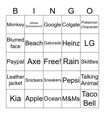 Super Bowl Commercial Bingo Card