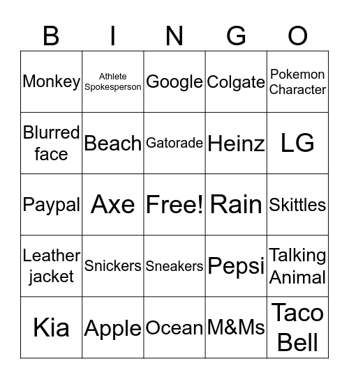 Super Bowl Commercial Bingo Card