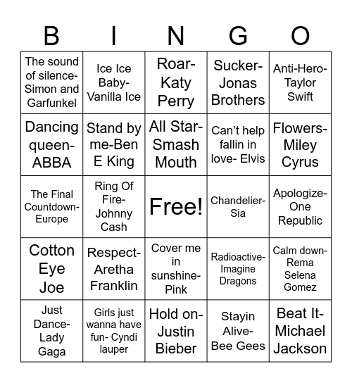 Music of the decades Bingo Card