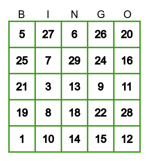 Bingo 1-30 Bingo Card