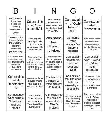 Cultural Bingo Find Someone Who... Bingo Card