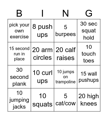 Exercise Bingo Card