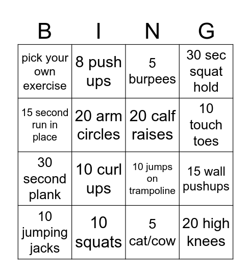 Exercise Bingo Card